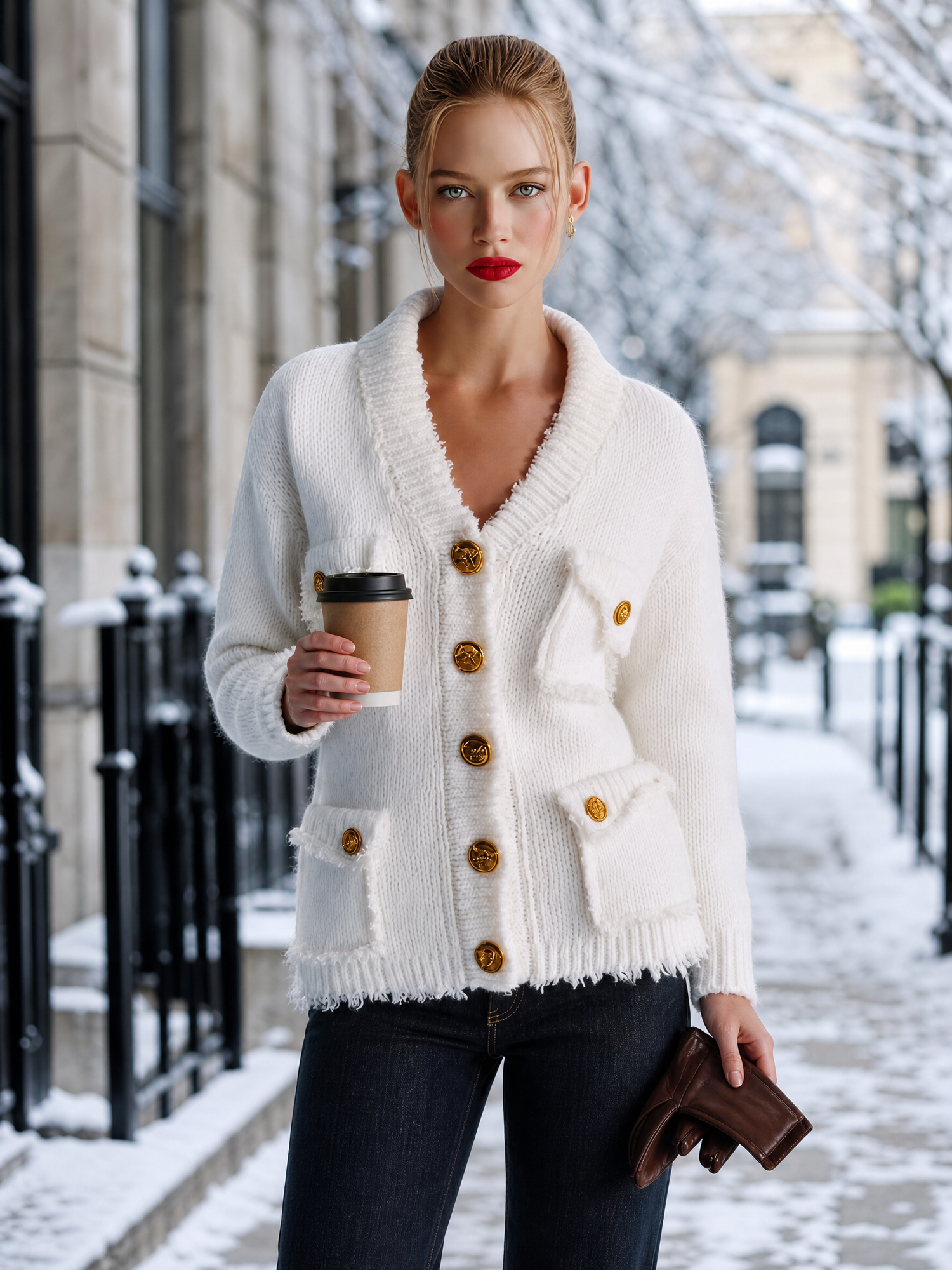 Elegant Vintage V-Neck Front-button Multi-pocket White Knit Cardigan