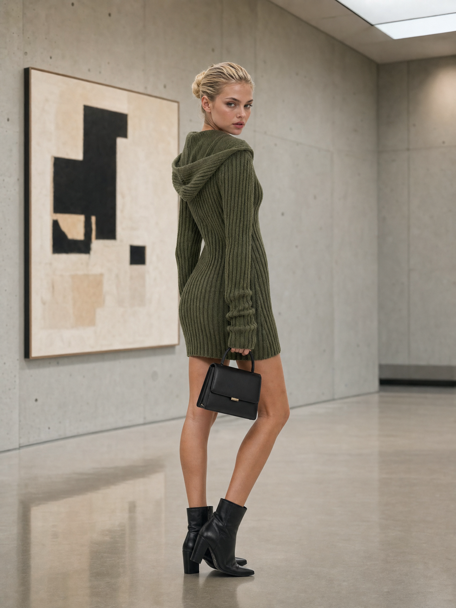 Elegant Cozy Olive Hooded Deep-V Button-Up Fitted Ribbed Knit Mini Dress