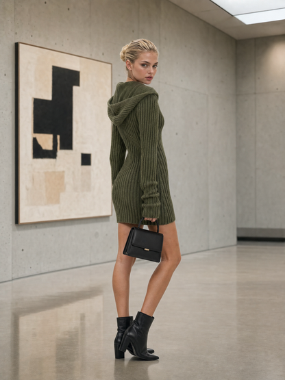 Elegant Cozy Olive Hooded Deep-V Button-Up Fitted Ribbed Knit Mini Dress