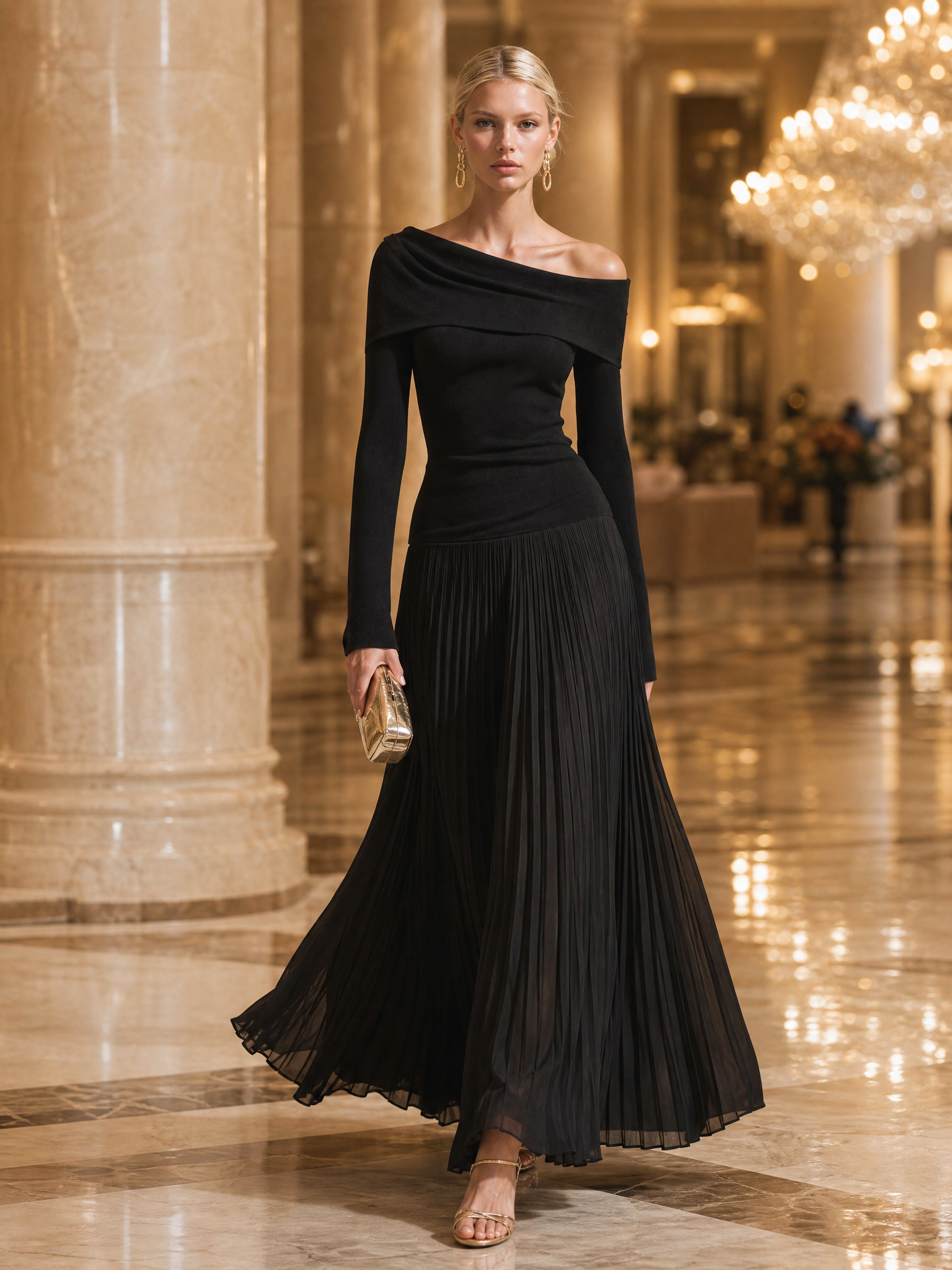 Elegant Black Off-Shoulder Knit Long-Sleeve Drop-Waist Pleated Chiffon Maxi Dress