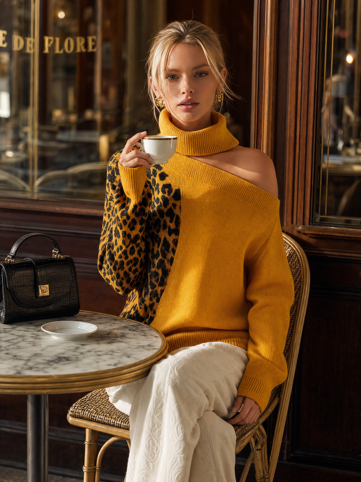 Elegant Retro High-Neck Off-Shoulder Contrasting Leopard Print Ochre-Yellow Knit Top