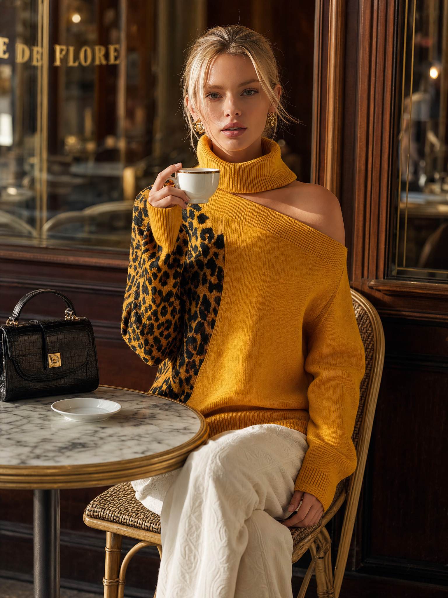 Elegant Retro High-Neck Off-Shoulder Contrasting Leopard Print Ochre-Yellow Knit Top