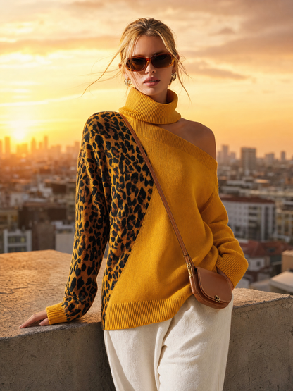 Elegant Retro High-Neck Off-Shoulder Contrasting Leopard Print Ochre-Yellow Knit Top