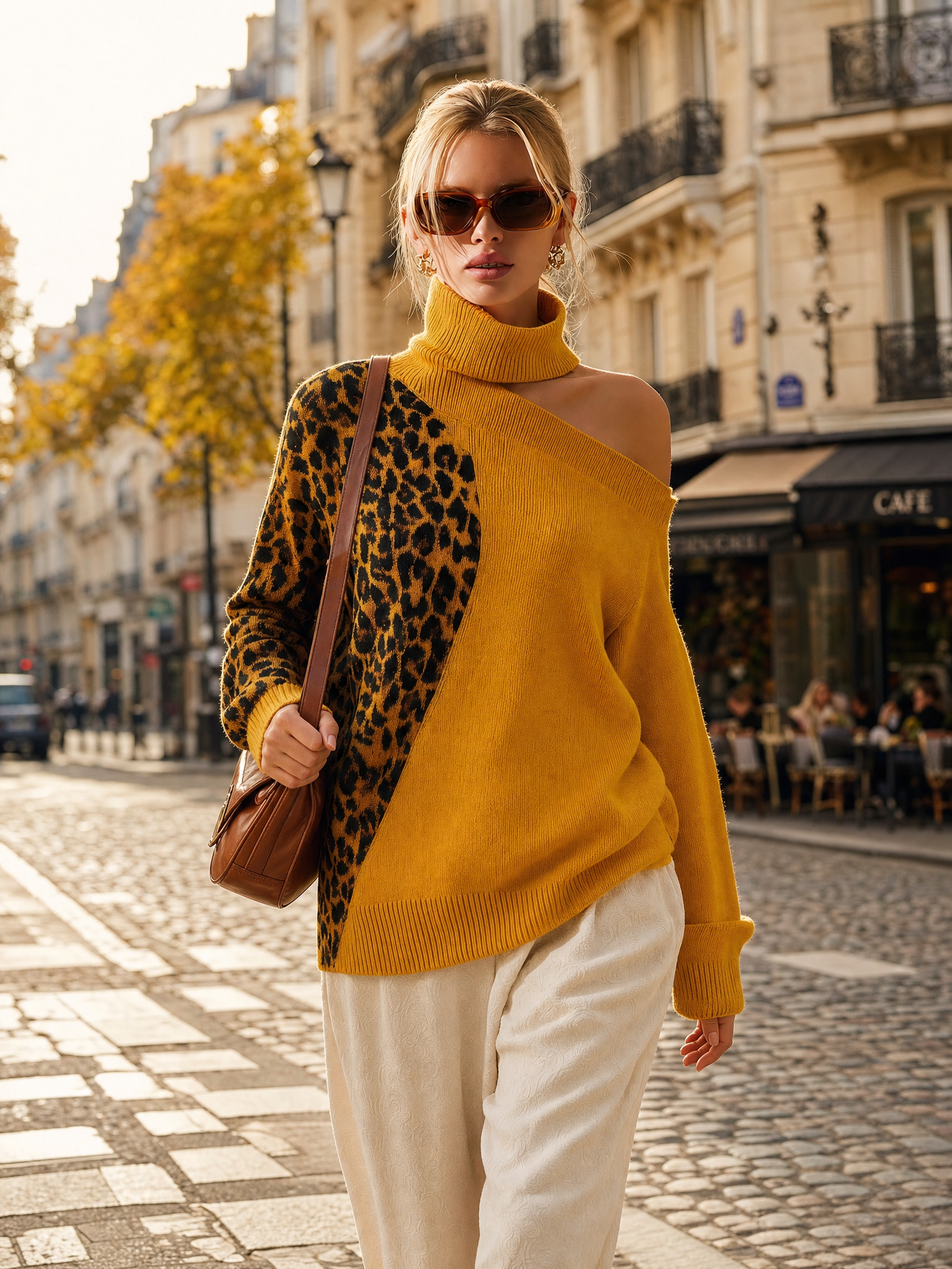 Elegant Retro High-Neck Off-Shoulder Contrasting Leopard Print Ochre-Yellow Knit Top
