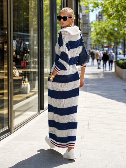 Lazy Sophisticated Collared Button-front Blue And White Striped Knit Maxi Dress