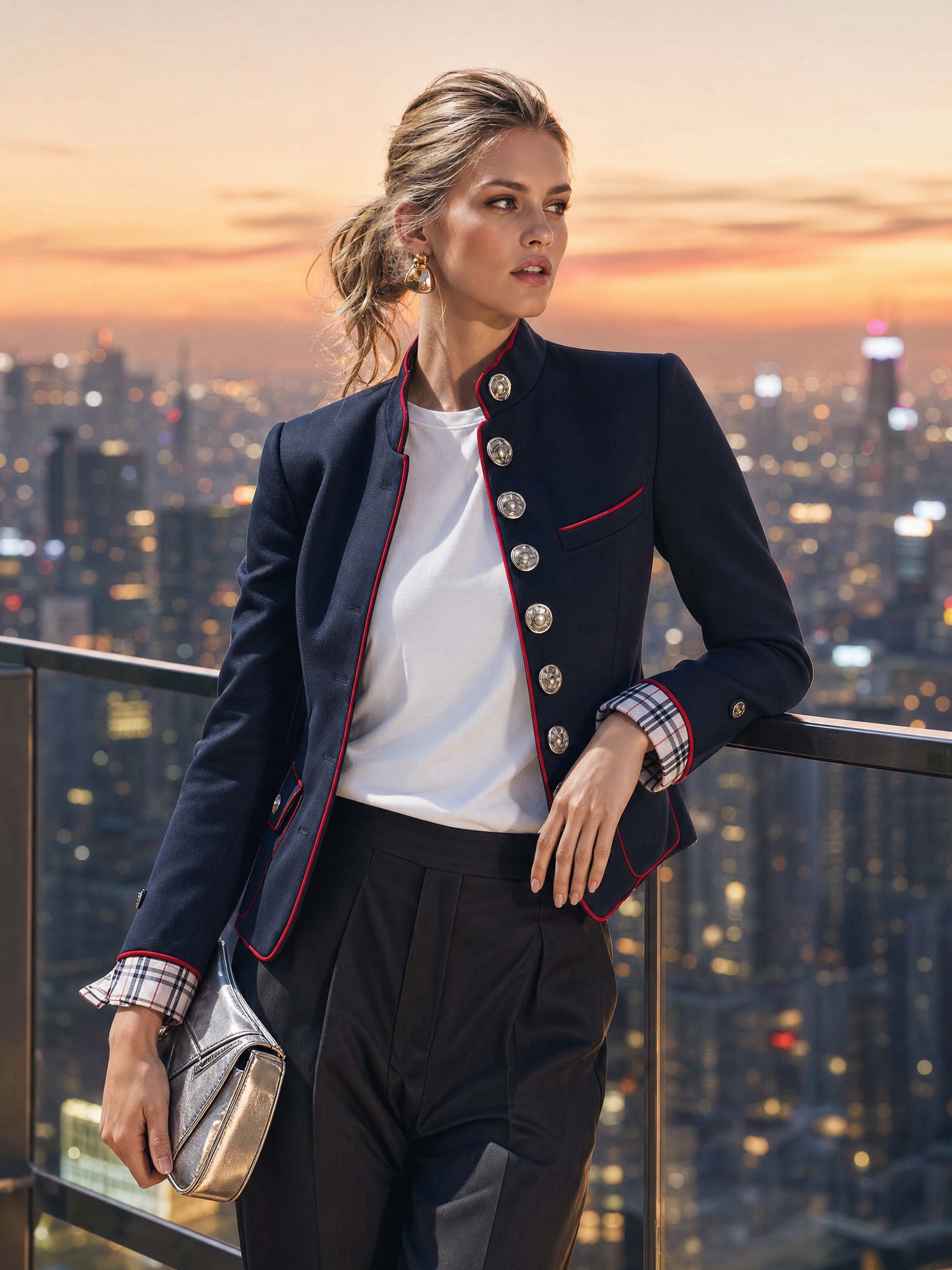 Elegant And Classic Stand Collar Checkered Cuffs Dark Blue Jacket