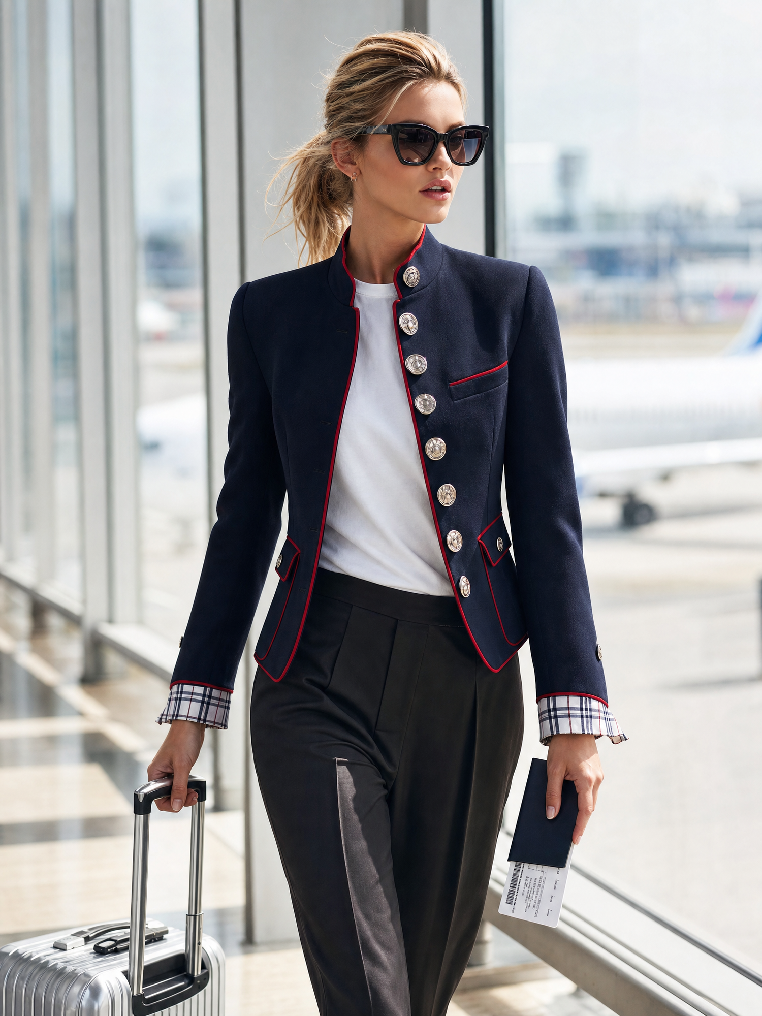 Elegant And Classic Stand Collar Checkered Cuffs Dark Blue Jacket