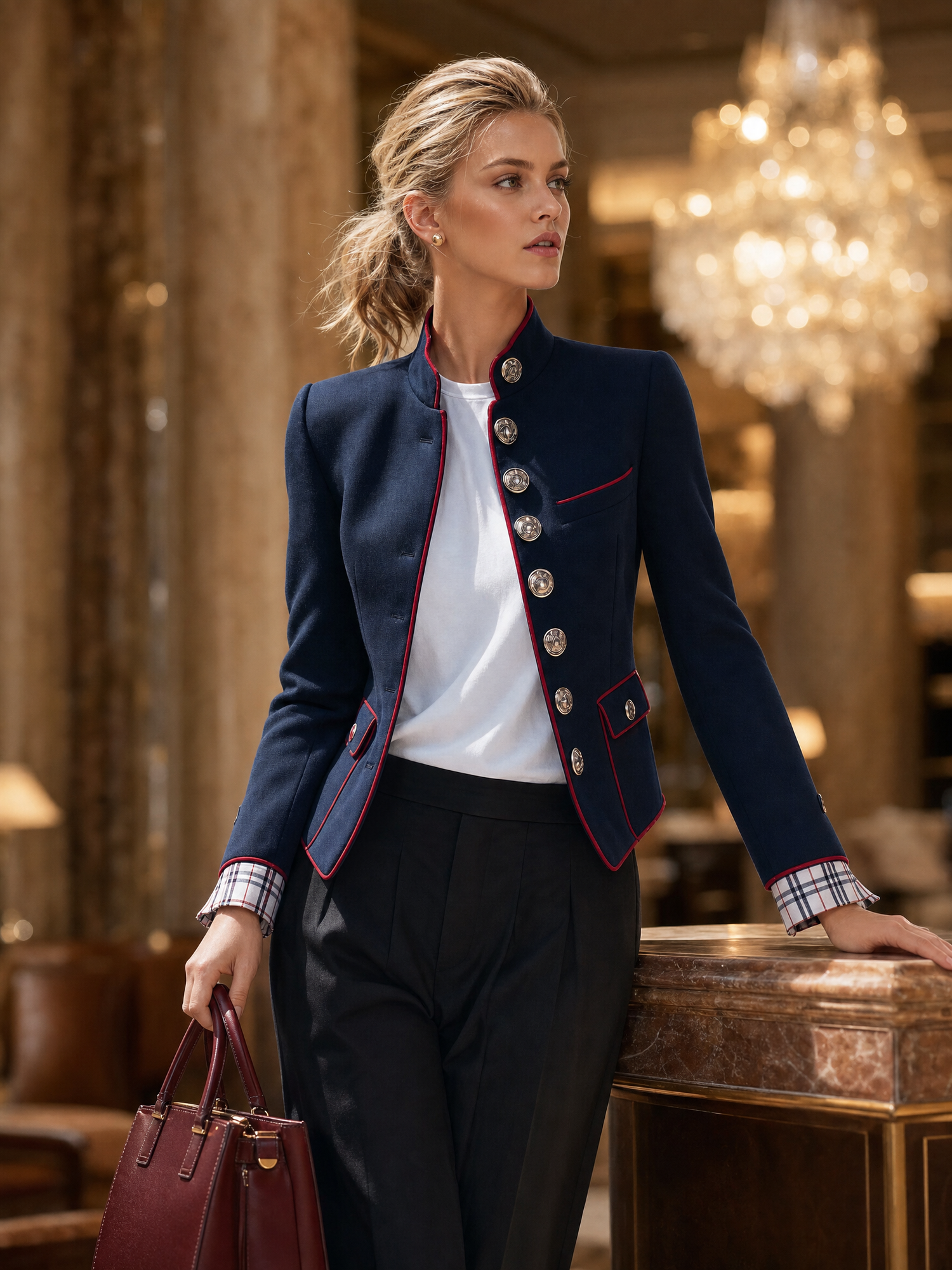 Elegant And Classic Stand Collar Checkered Cuffs Dark Blue Jacket