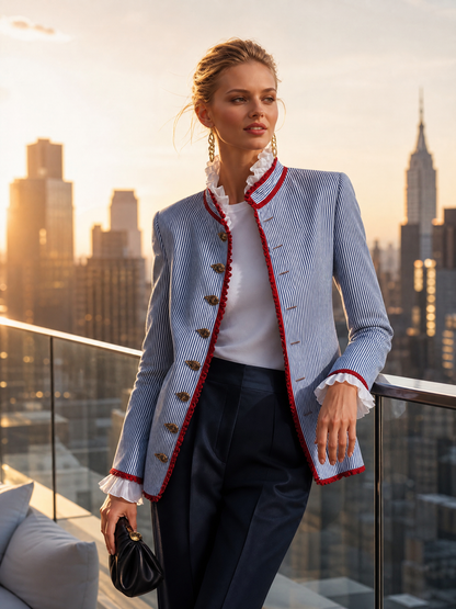 Elegant Vintage Ruffled Stand Collar Lace Trim Blue And White Striped Jacket