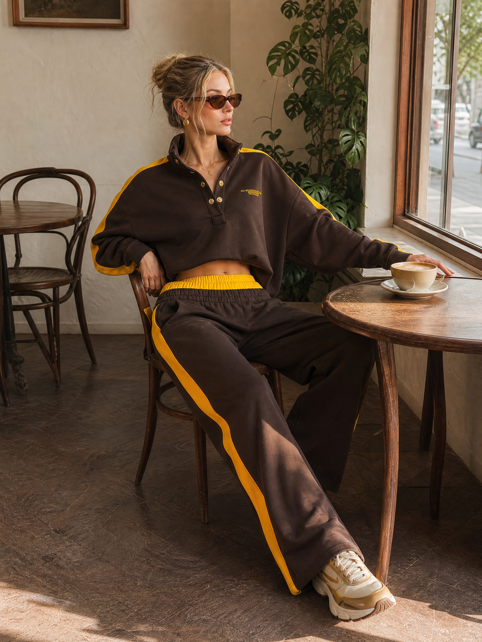 Retro Sportswear Dark Brown Cotton Stand-collar Top And Pants Set