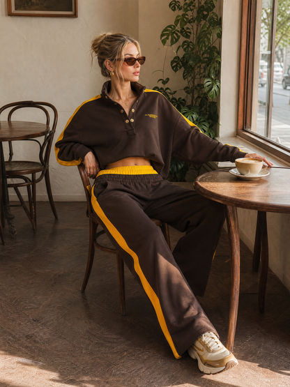 Retro Sportswear Dark Brown Cotton Stand-collar Top And Pants Set