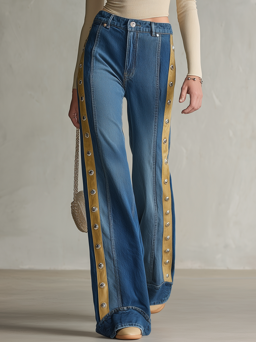 American Contrast-panel Metal-button High-waist Wide-leg Jeans