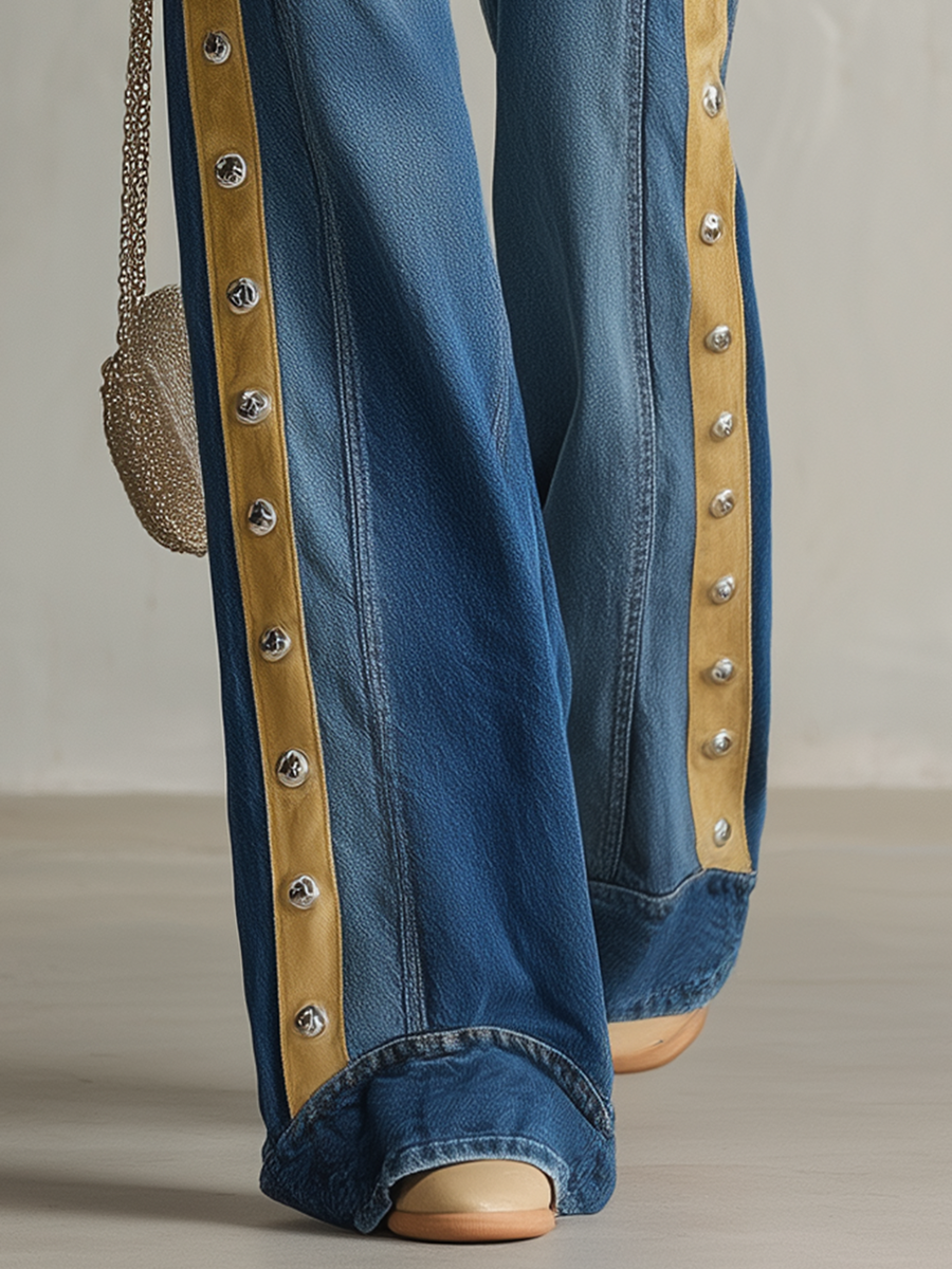 American Contrast-panel Metal-button High-waist Wide-leg Jeans