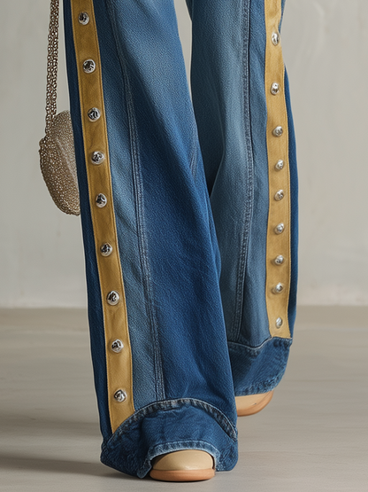 American Contrast-panel Metal-button High-waist Wide-leg Jeans