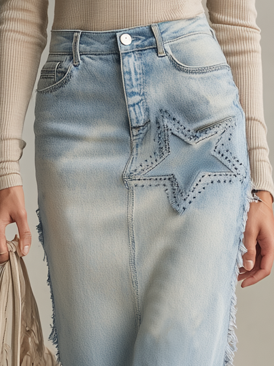American Vintage Star-appliqué Embroidered Raw-edge Denim Maxi Skirt