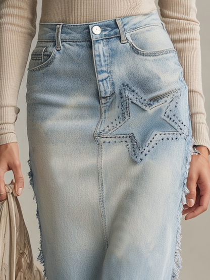 American Vintage Star-appliqué Embroidered Raw-edge Denim Maxi Skirt