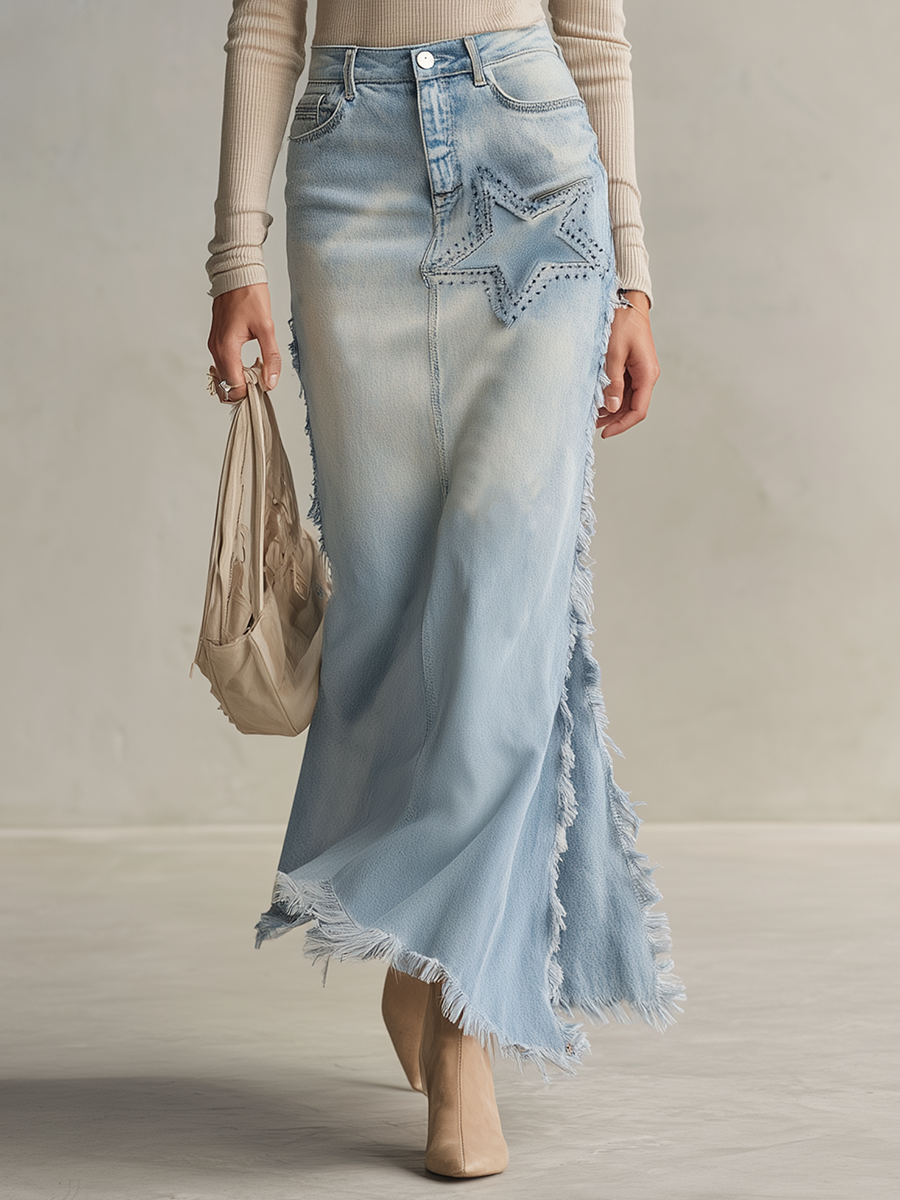American Vintage Star-appliqué Embroidered Raw-edge Denim Maxi Skirt