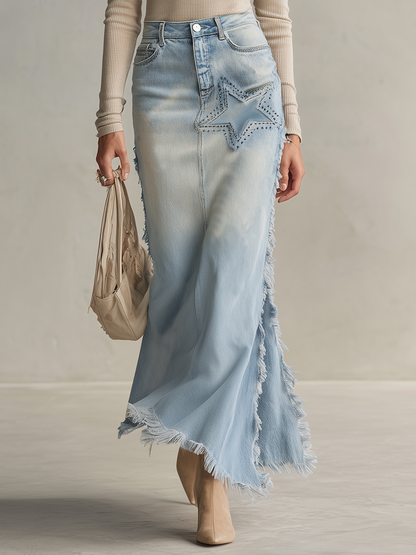 American Vintage Star-appliqué Embroidered Raw-edge Denim Maxi Skirt