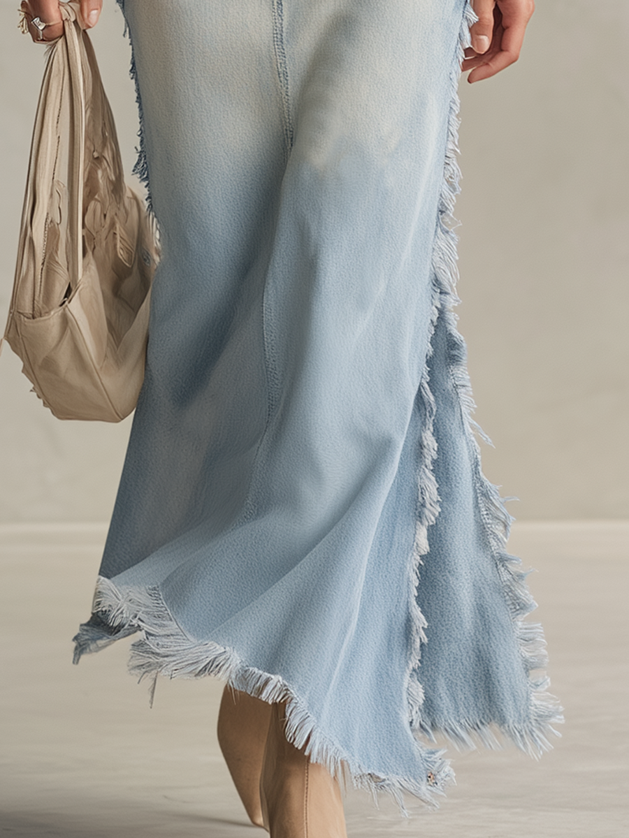 American Vintage Star-appliqué Embroidered Raw-edge Denim Maxi Skirt