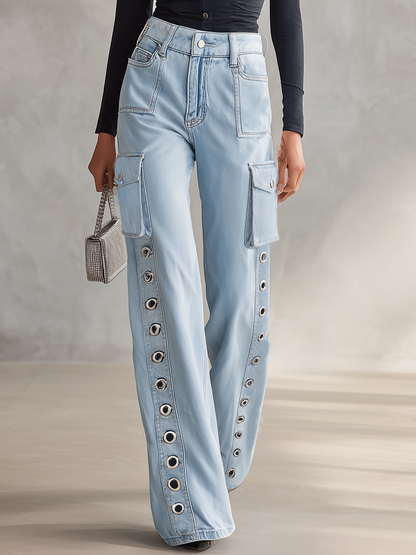 American Utility Side Patch-pocket Metal-eyelet High-waist Wide-leg Jeans