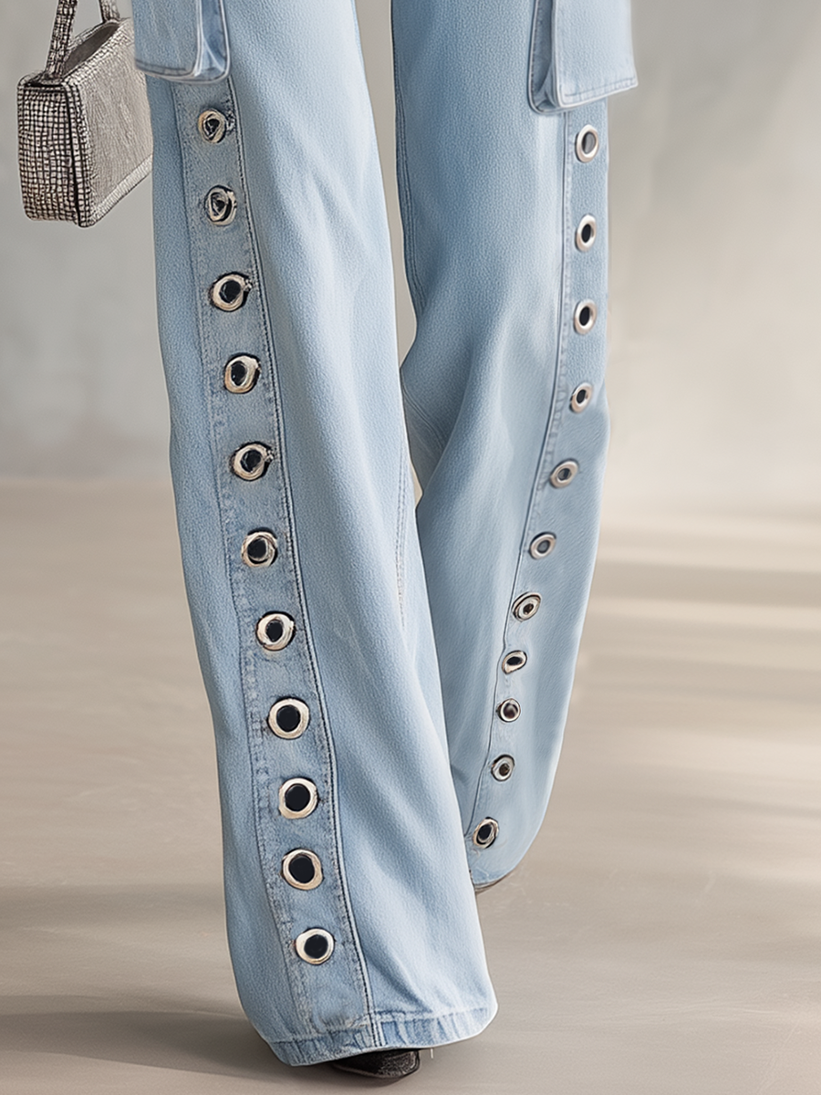 American Utility Side Patch-pocket Metal-eyelet High-waist Wide-leg Jeans