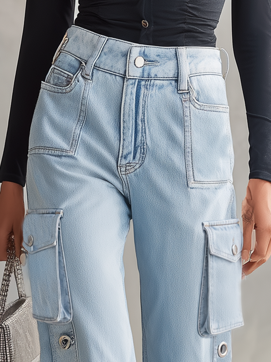 American Utility Side Patch-pocket Metal-eyelet High-waist Wide-leg Jeans