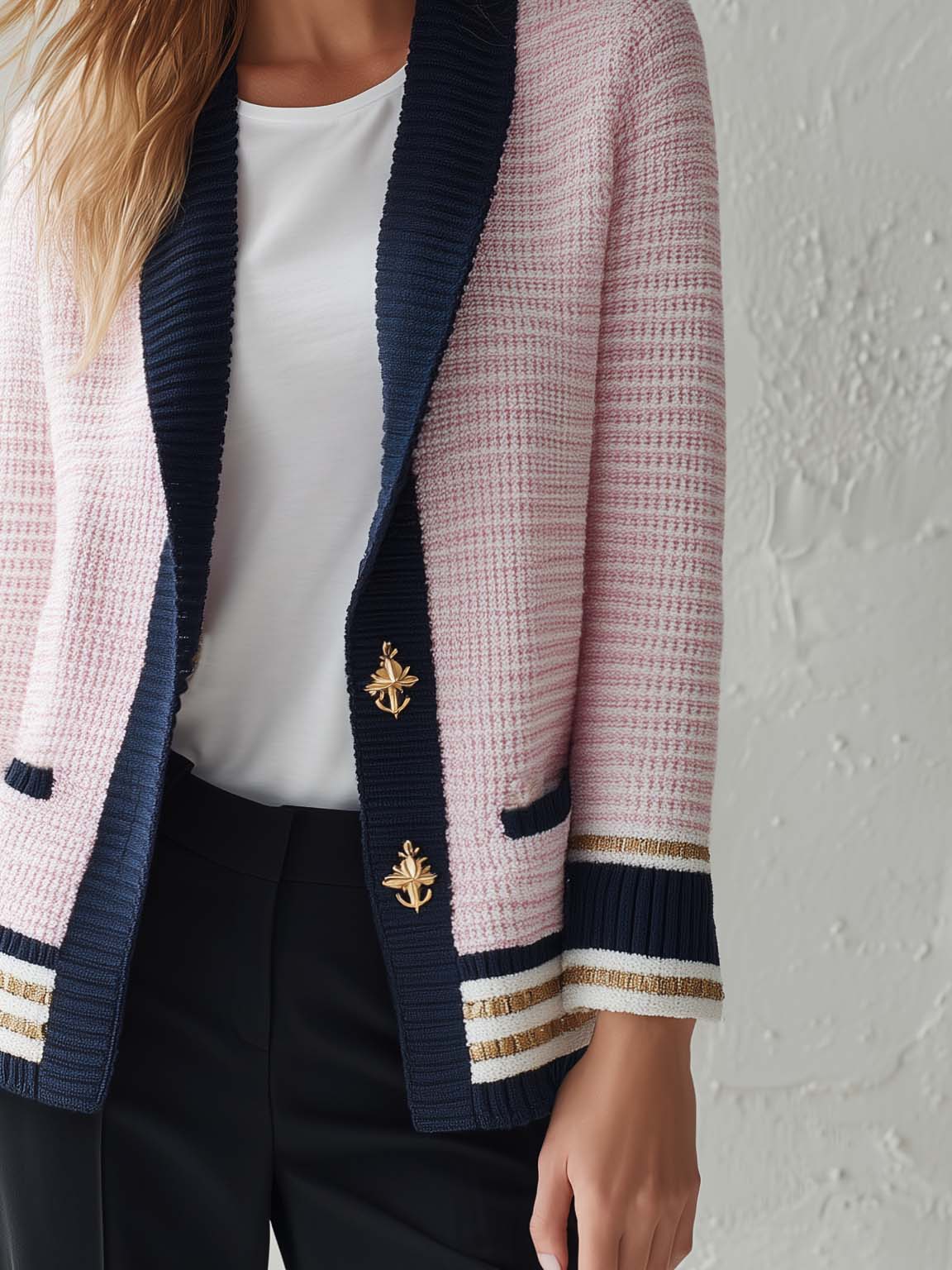 Elegant Classic Contrasting Shawl Collar Light Pink Knit Jacket