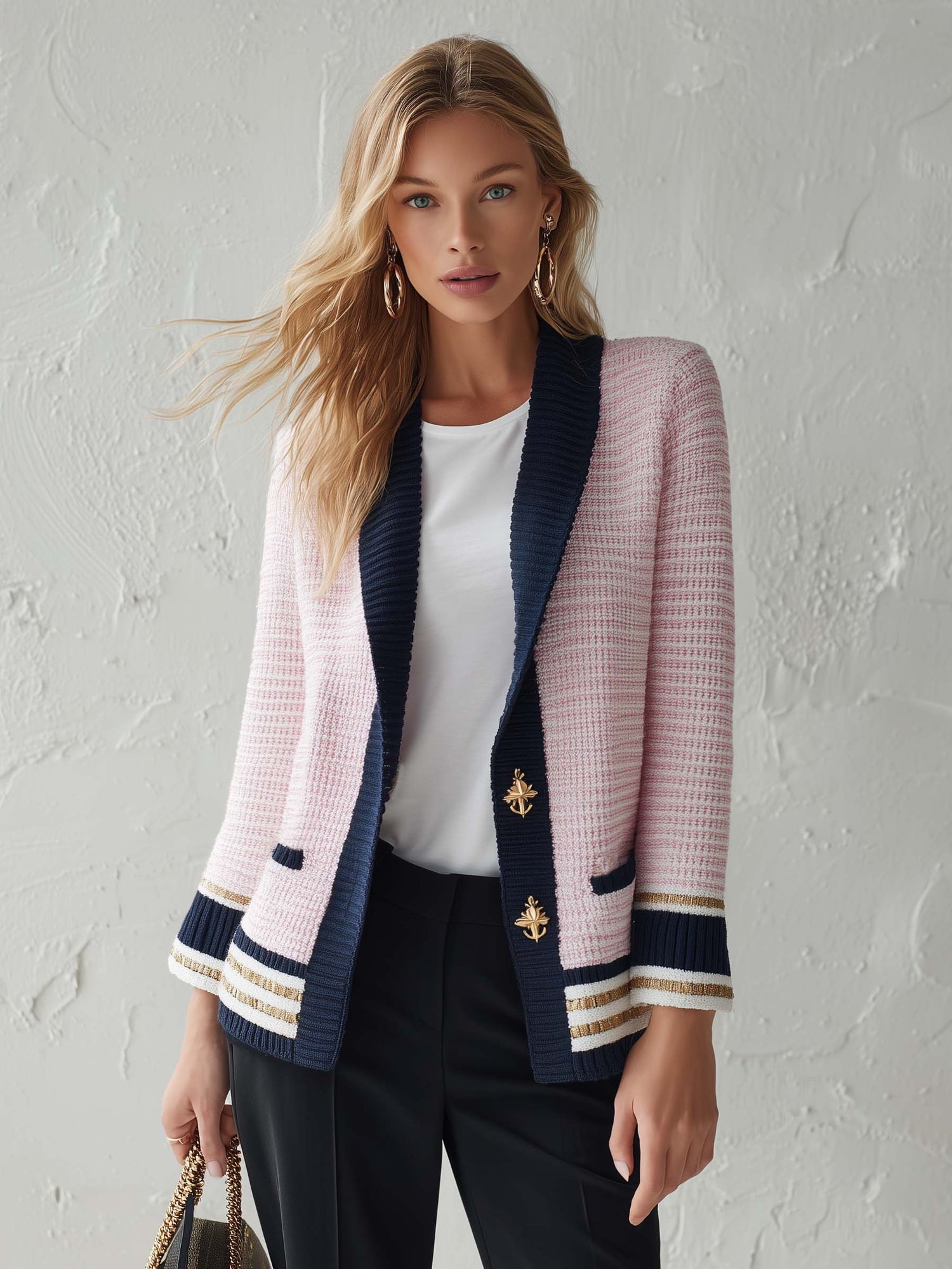 Elegant Classic Contrasting Shawl Collar Light Pink Knit Jacket