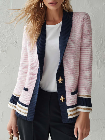 Elegant Classic Contrasting Shawl Collar Light Pink Knit Jacket