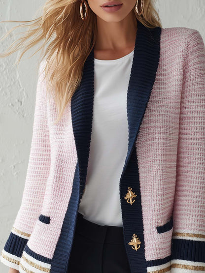 Elegant Classic Contrasting Shawl Collar Light Pink Knit Jacket
