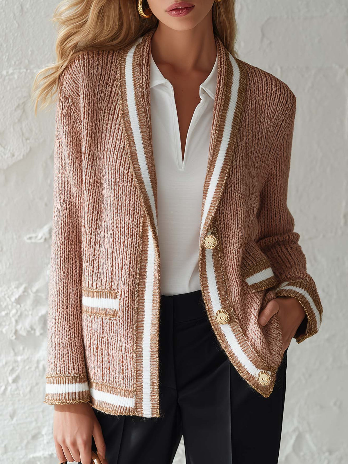 Old Money Dusty Pink Knit Cardigan Contrast Stripe Trim Gold Button Pockets
