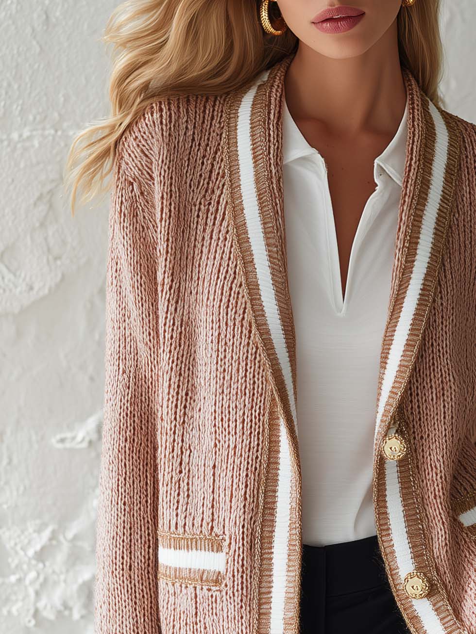 Old Money Dusty Pink Knit Cardigan Contrast Stripe Trim Gold Button Pockets