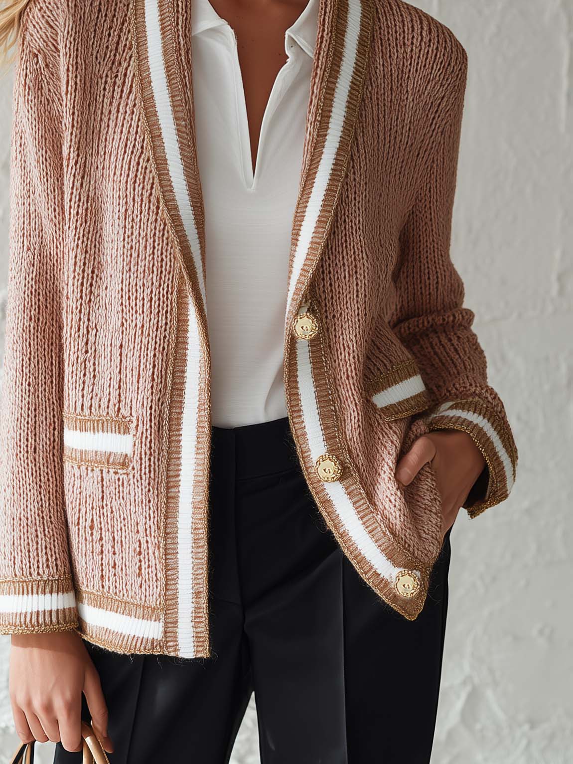 Old Money Dusty Pink Knit Cardigan Contrast Stripe Trim Gold Button Pockets