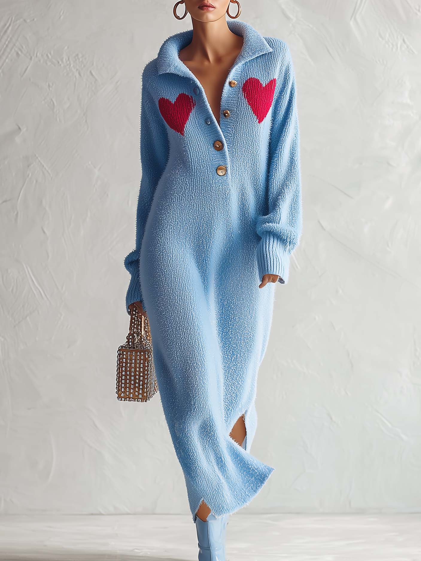 Retro Heart-Motif Powder-Blue Collared Fuzzy Knit Maxi Sweater Dress Women