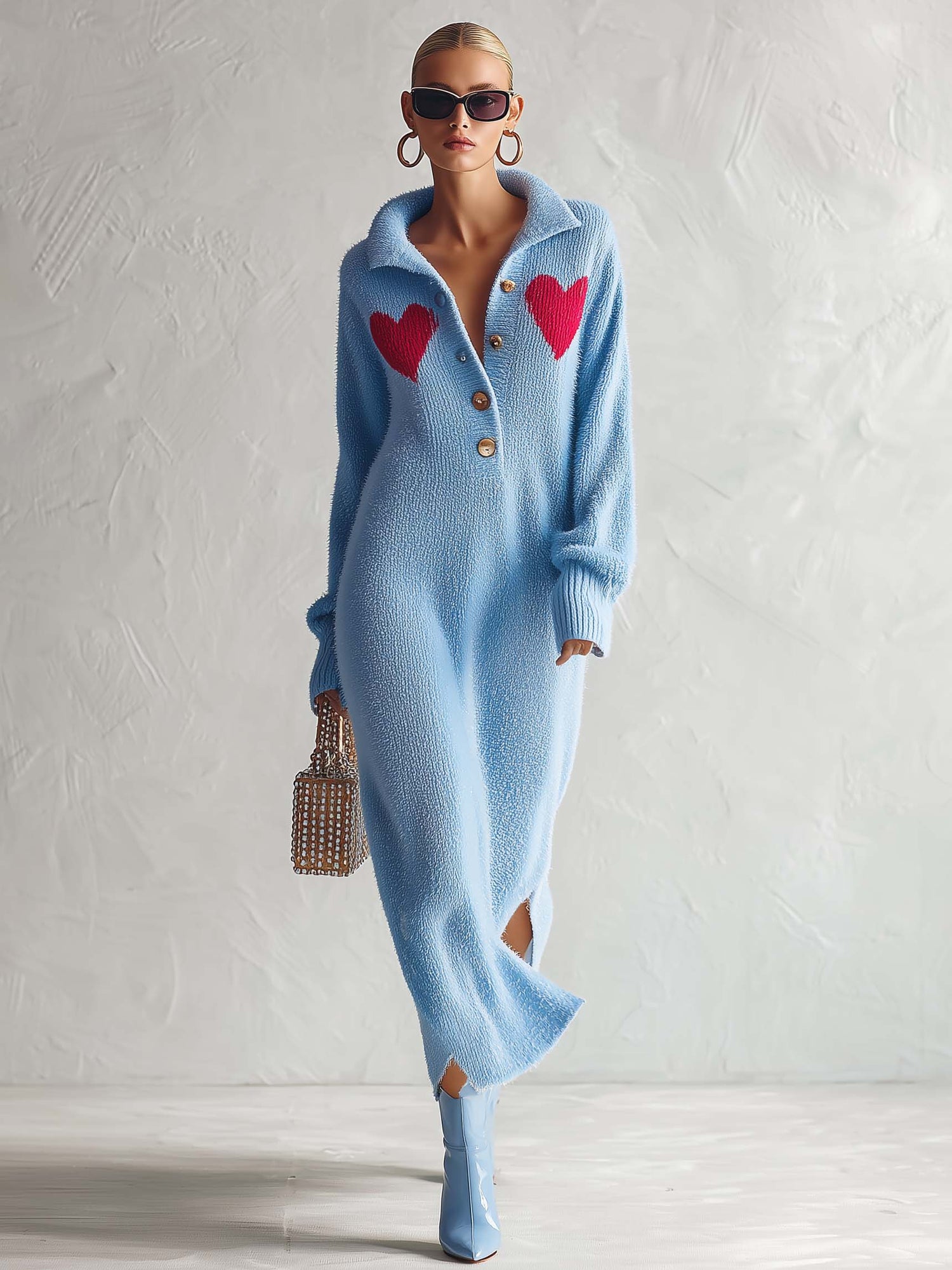 Retro Heart-Motif Powder-Blue Collared Fuzzy Knit Maxi Sweater Dress Women