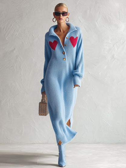 Retro Heart-Motif Powder-Blue Collared Fuzzy Knit Maxi Sweater Dress Women