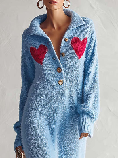 Retro Heart-Motif Powder-Blue Collared Fuzzy Knit Maxi Sweater Dress Women