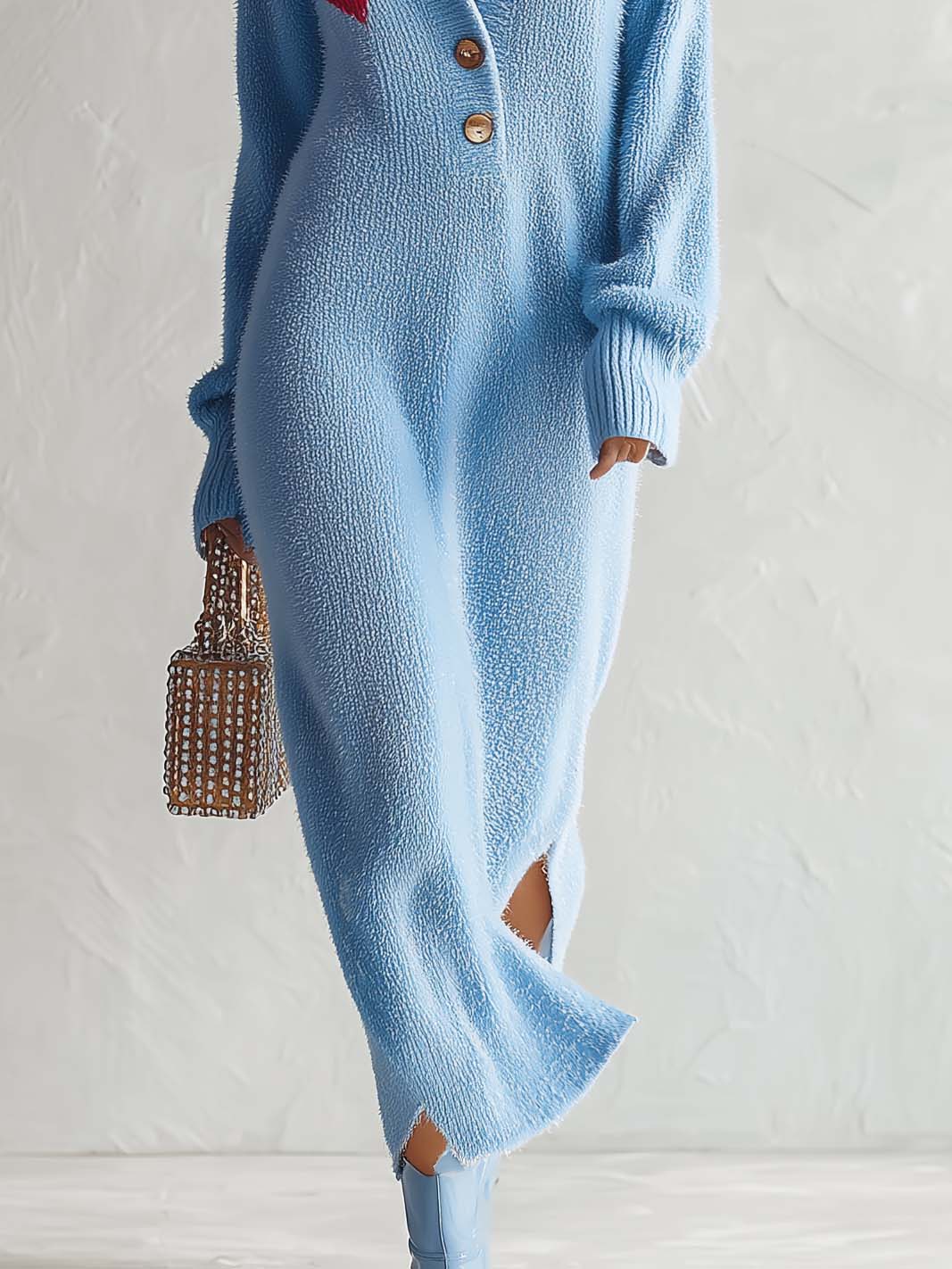 Retro Heart-Motif Powder-Blue Collared Fuzzy Knit Maxi Sweater Dress Women