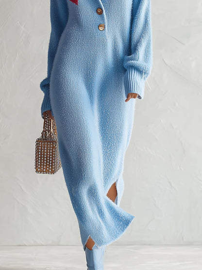 Retro Heart-Motif Powder-Blue Collared Fuzzy Knit Maxi Sweater Dress Women