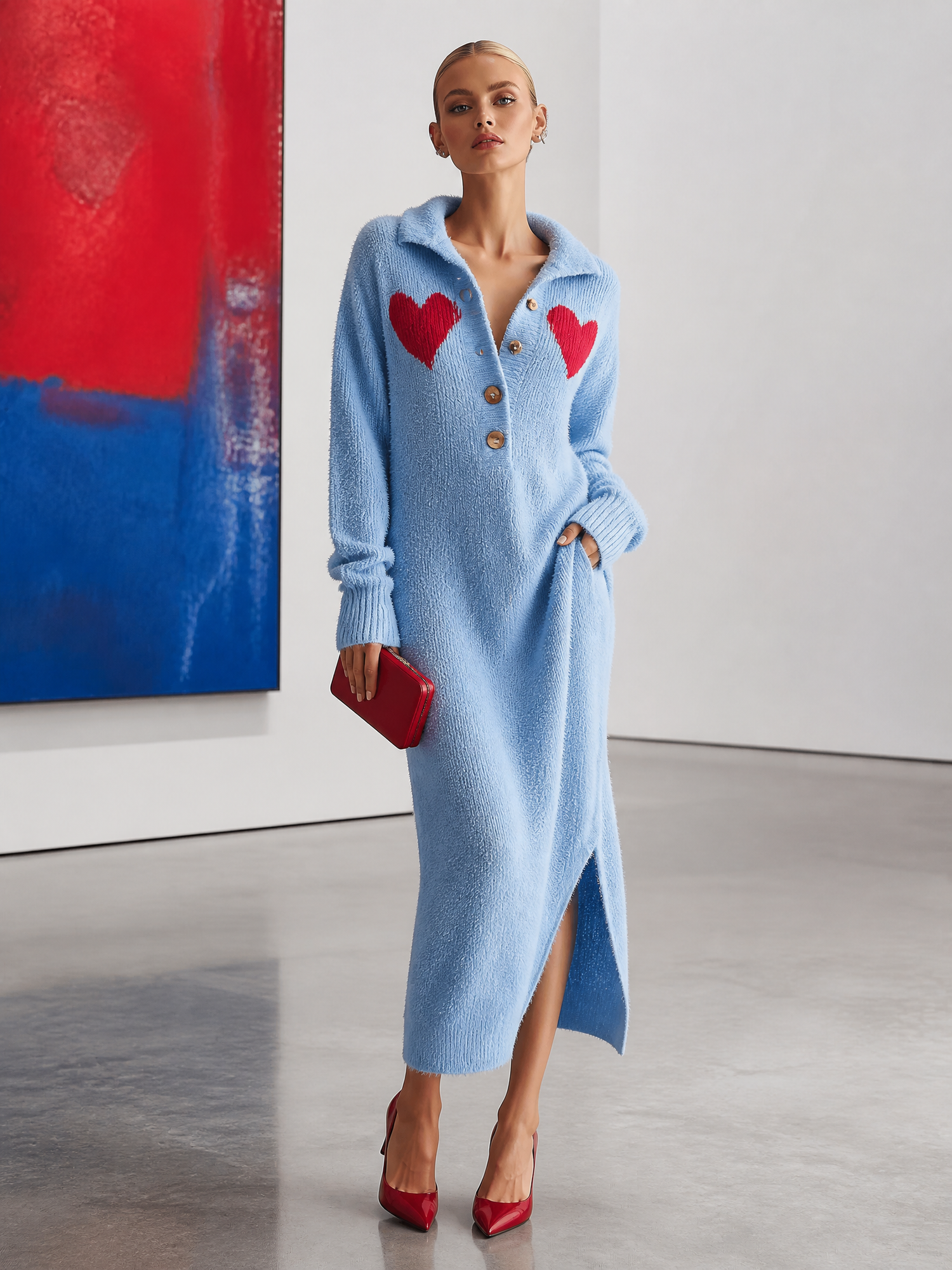 Retro Heart-Motif Powder-Blue Collared Fuzzy Knit Maxi Sweater Dress Women