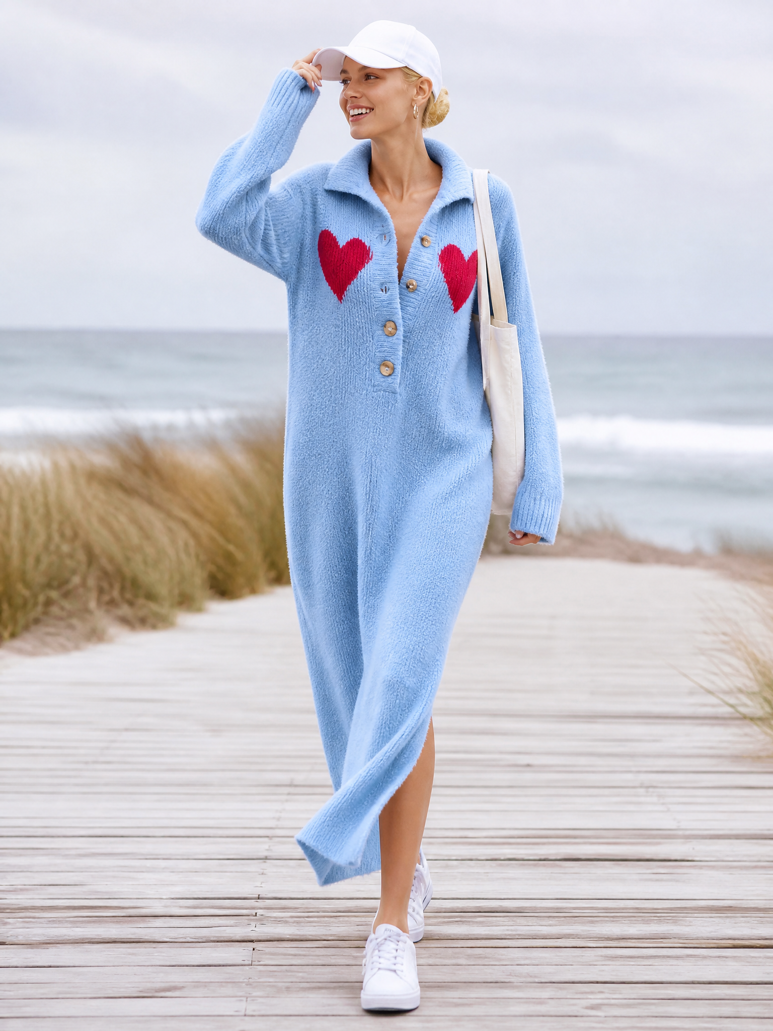 Retro Heart-Motif Powder-Blue Collared Fuzzy Knit Maxi Sweater Dress Women