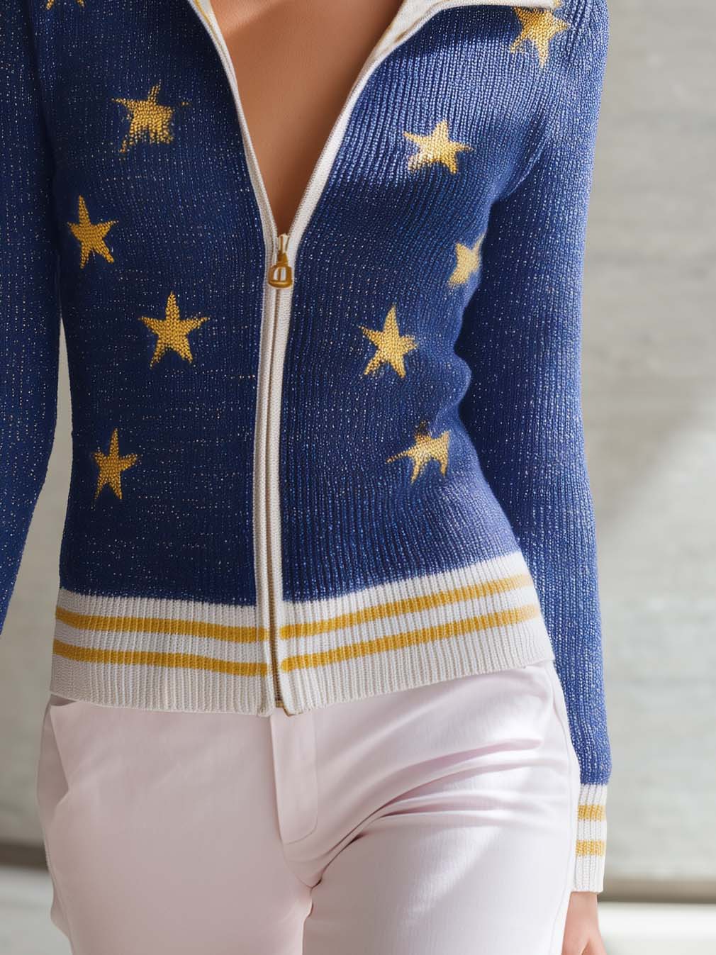 Vintage Versatile Star Pattern And Front Zipper Navy Knit Cardigan