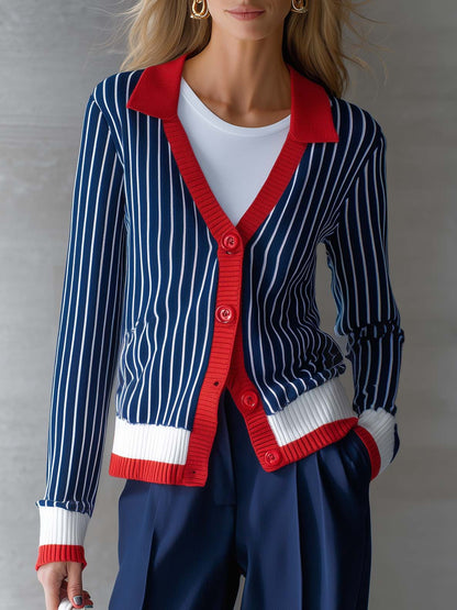 Retro Casual Color-blocked Collared Dark Blue Striped Knit Cardigan