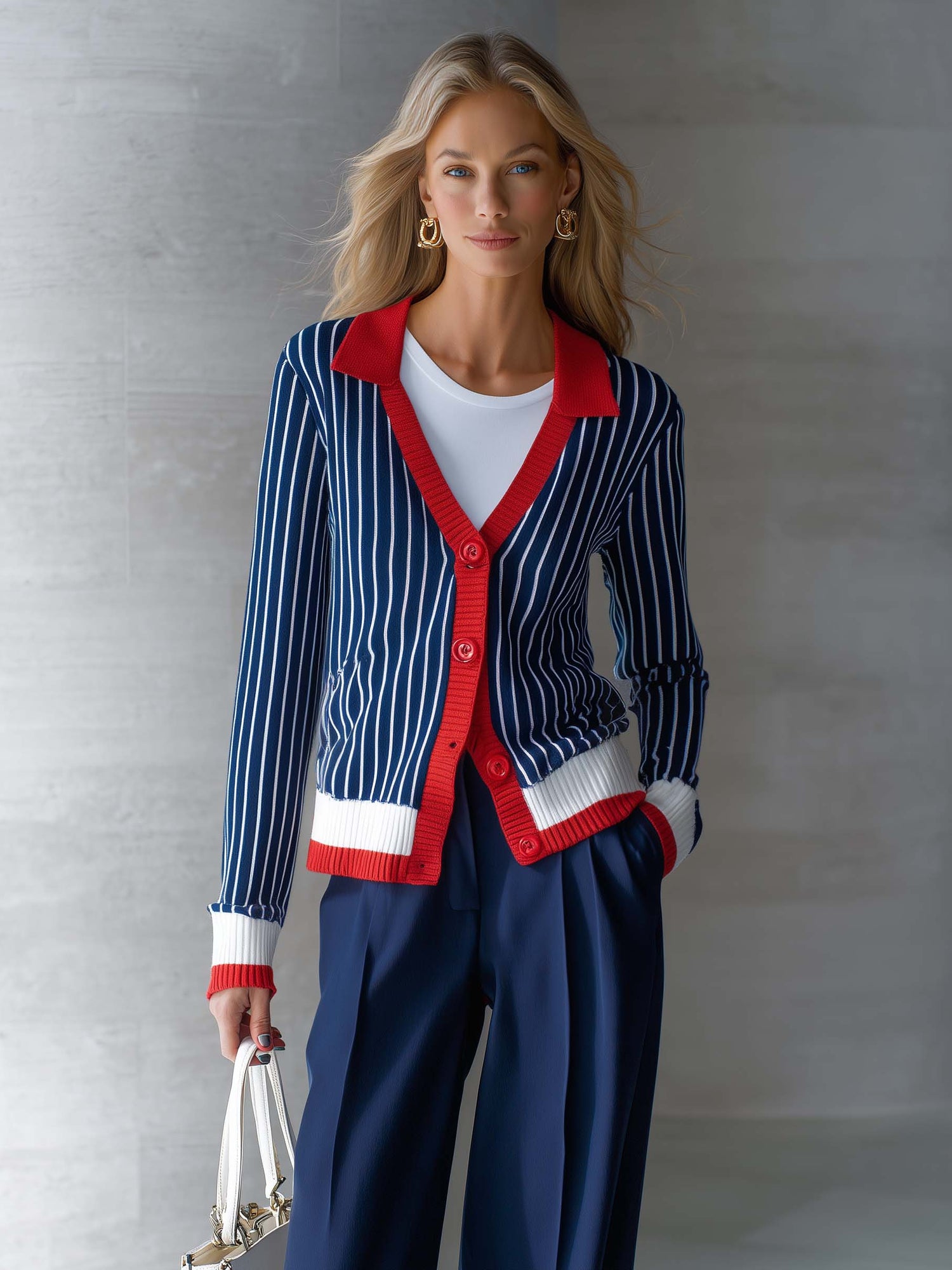 Retro Casual Color-blocked Collared Dark Blue Striped Knit Cardigan