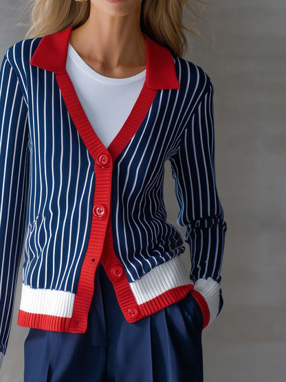 Retro Casual Color-blocked Collared Dark Blue Striped Knit Cardigan