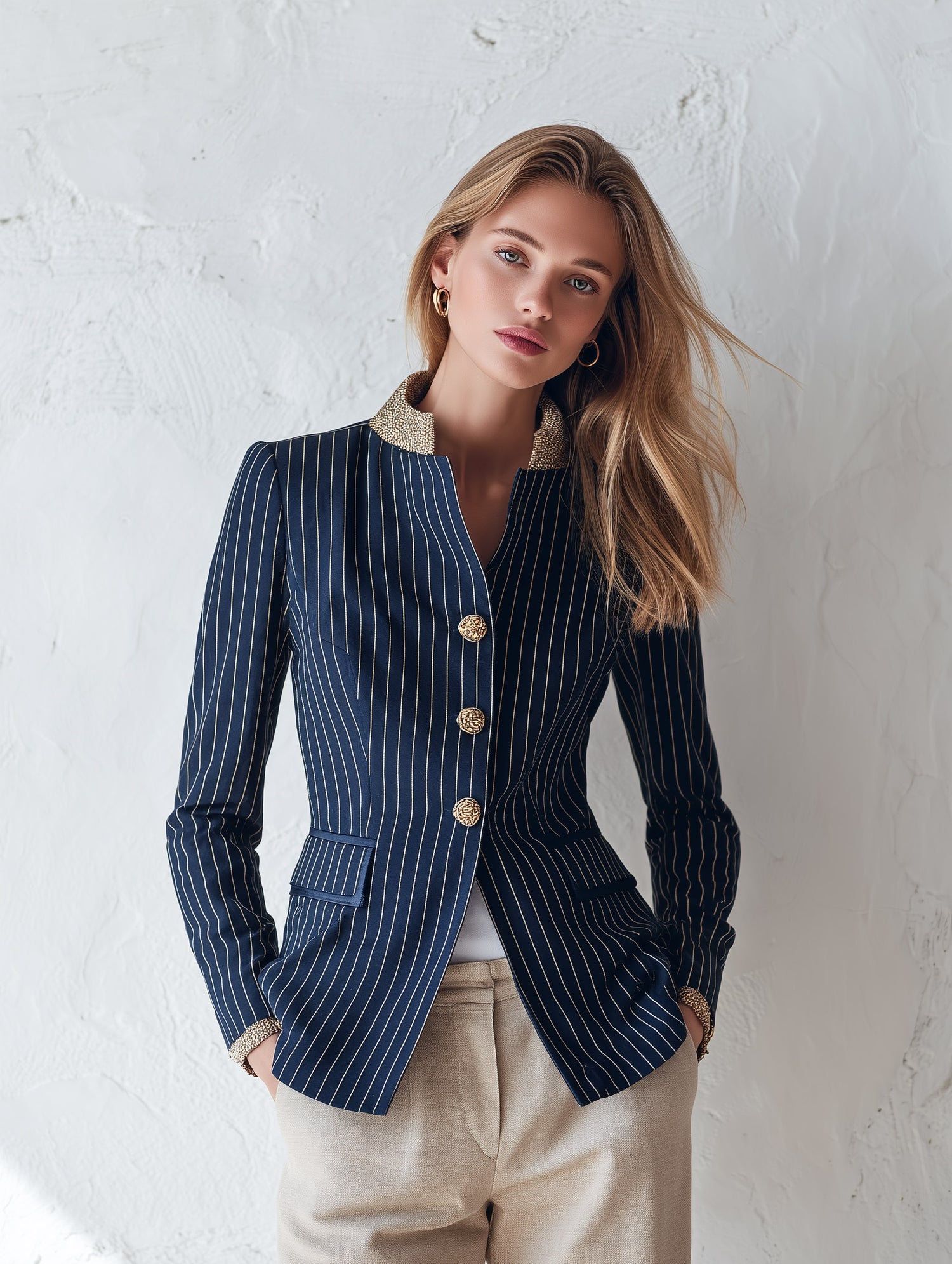 Classic Navy Striped Stand-Collar Single-Breasted Jacket