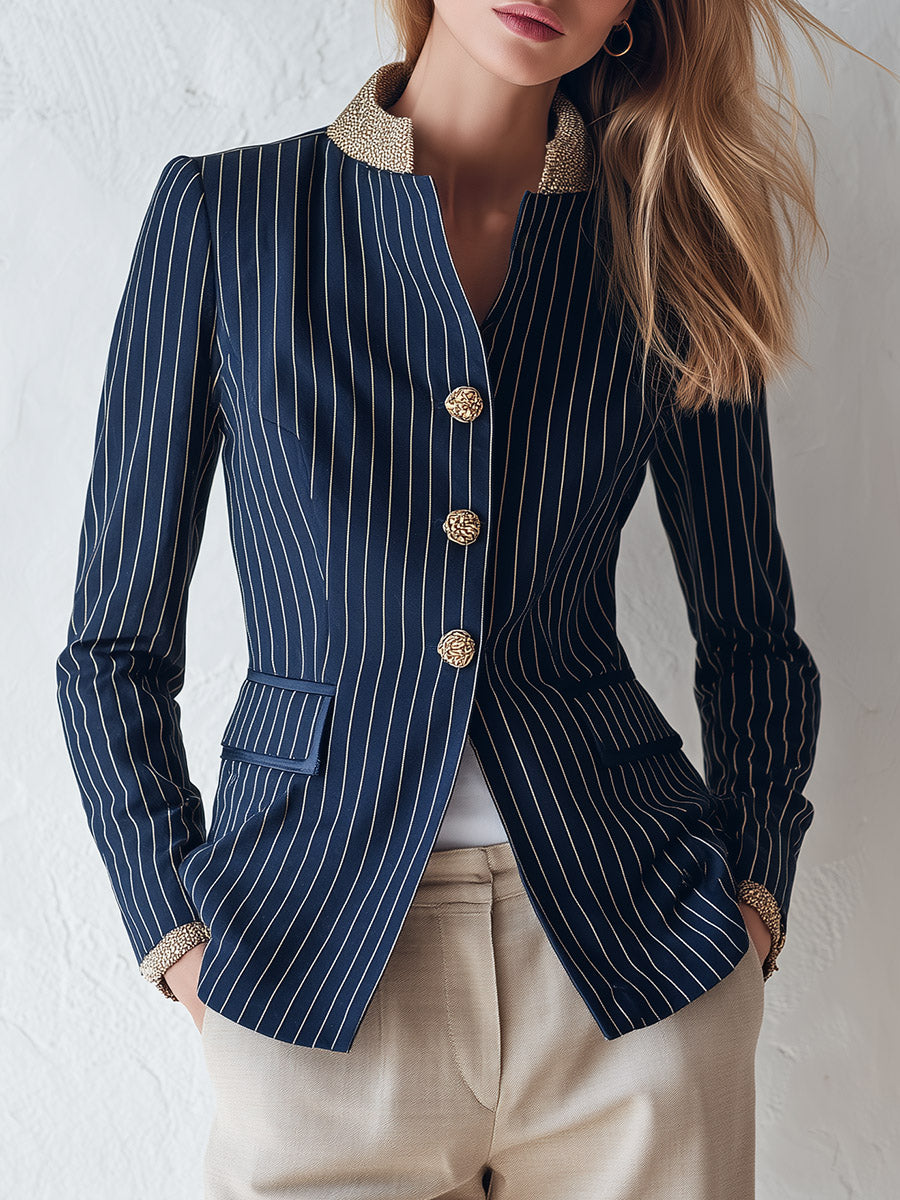 Classic Navy Striped Stand-Collar Single-Breasted Jacket