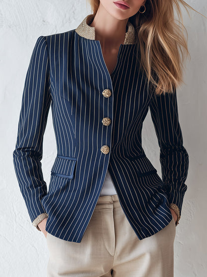 Classic Navy Striped Stand-Collar Single-Breasted Jacket