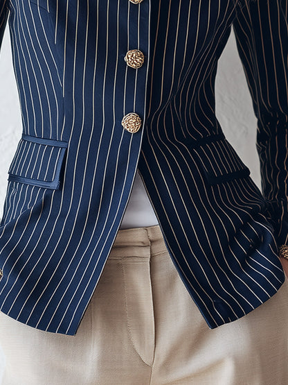 Classic Navy Striped Stand-Collar Single-Breasted Jacket