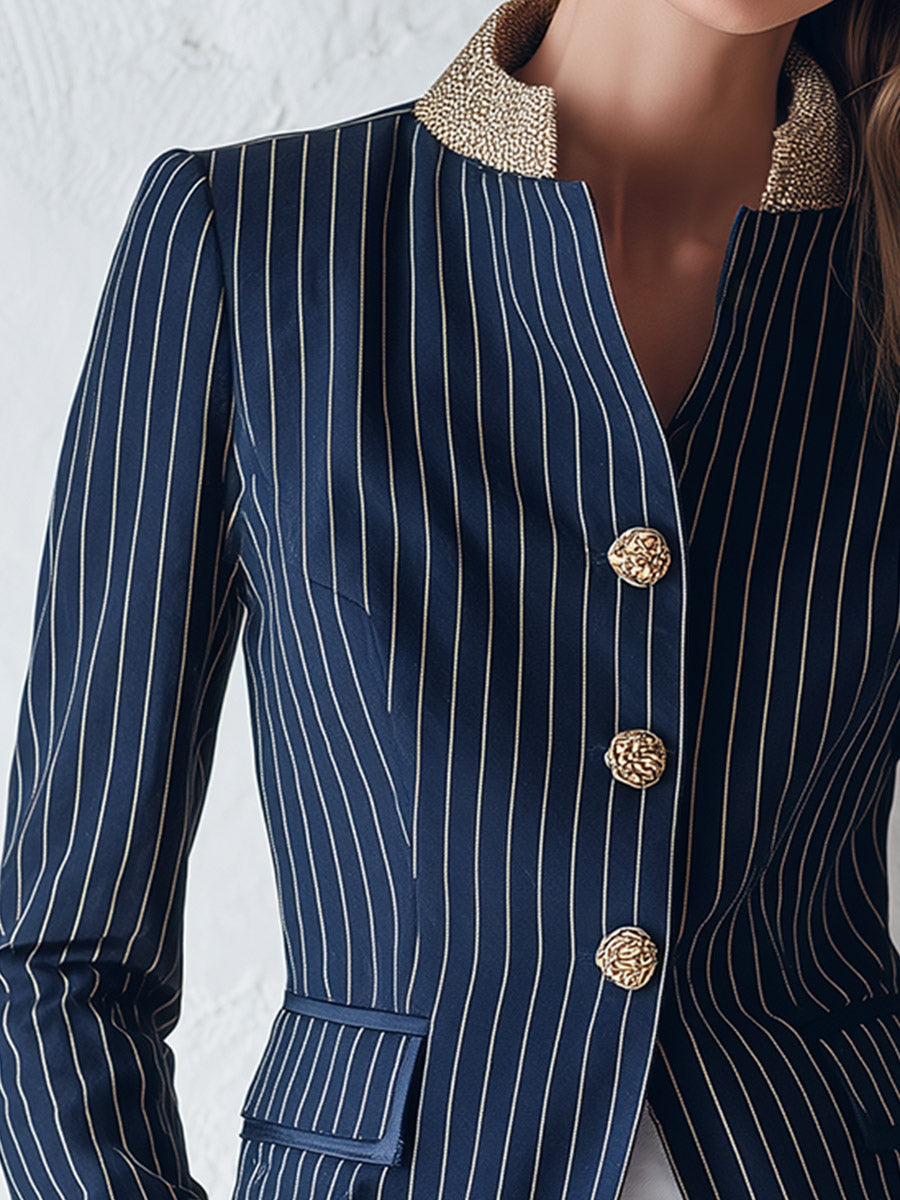 Classic Navy Striped Stand-Collar Single-Breasted Jacket